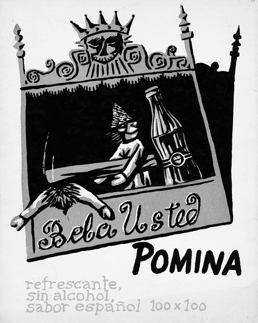 Reproducción de un anuncio publicitario de un refresco. Un dibujo de unos títeres y texto: 'Beba Ud. Pomina. Refrescante, 100% español.